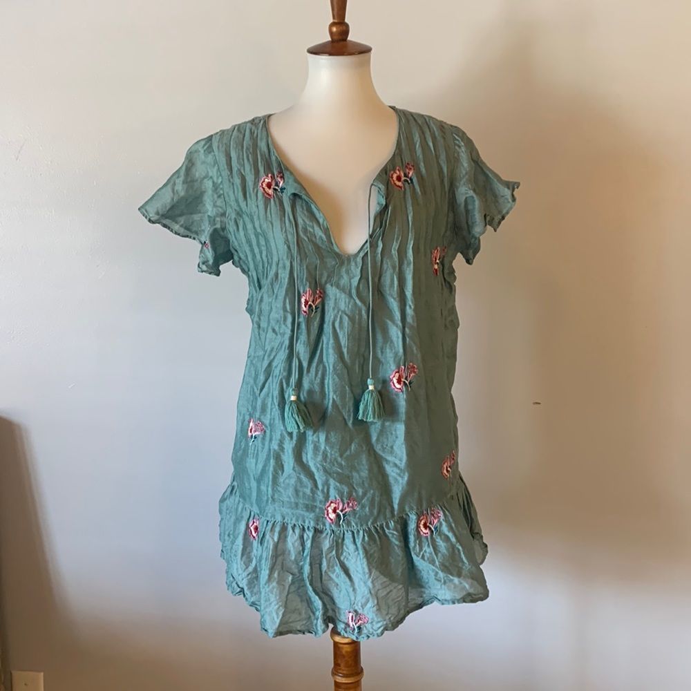 Tularosa Teal Tunic with Pink Floral Embroidery